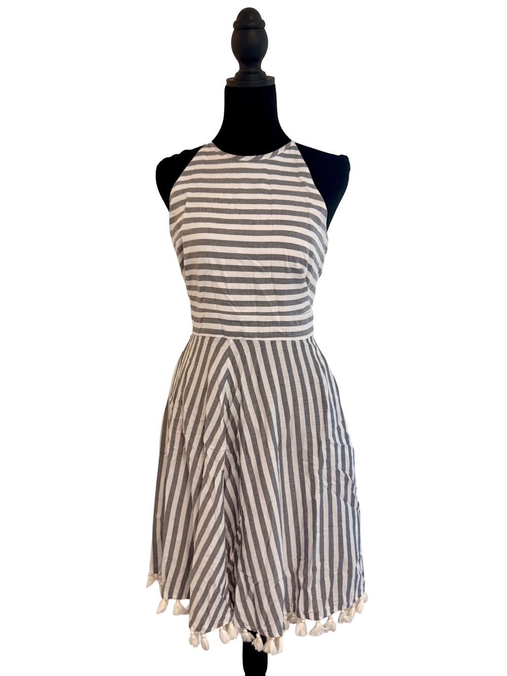 Eliza J Blue & White Striped Halter Dress – Pom Pom Hem, Size 6